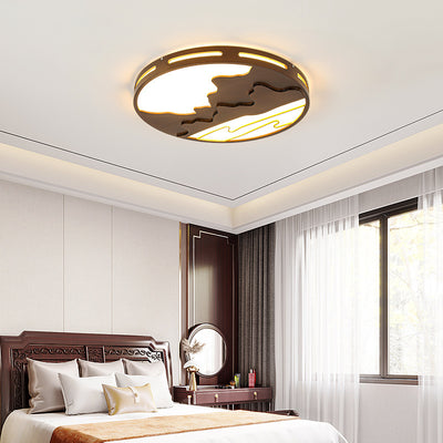 Modern Chinese Wooden Round Mountain Design LED Flush Mount Ceiling Light