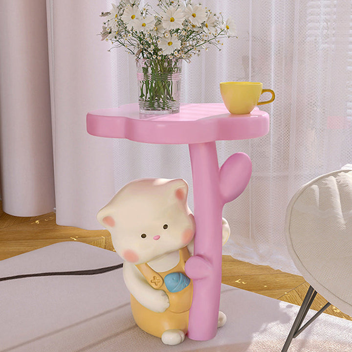 Zeitgenössischer Kreativer Kinder Katzen Blumen Harz Beistelltisch 1-Ablage für Schlafzimmer 