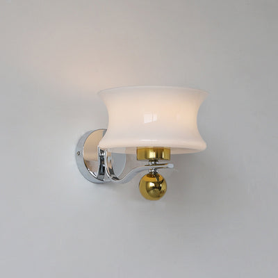Contemporary Scandinavian Glass Drum Iron Wave Arm 1-Light Wall Sconce Lamp For Bedroom