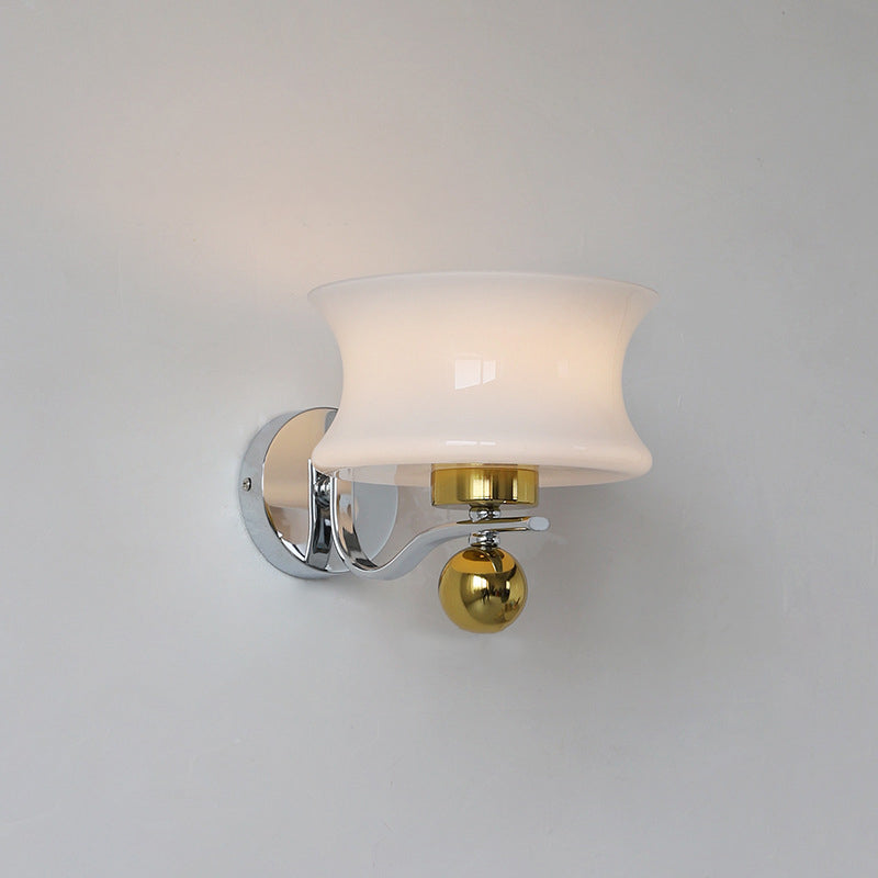 Contemporary Scandinavian Glass Drum Iron Wave Arm 1-Light Wall Sconce Lamp For Bedroom