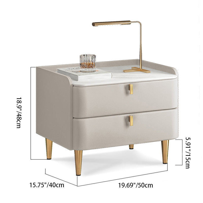 Table de nuit moderne en cuir, bois de pin et acier au carbone avec plateau rectangulaire et 2 tiroirs 