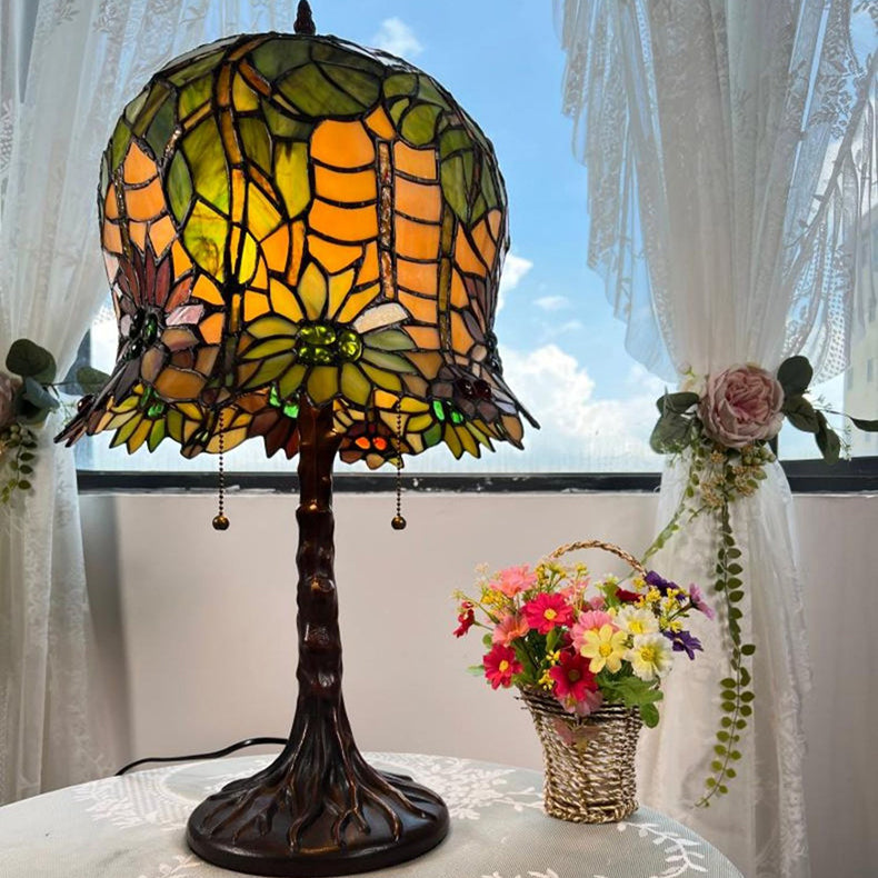 Lampe de table à 2 lumières en verre et fer avec motif de tournesol de style Tiffany traditionnel pour chambre 