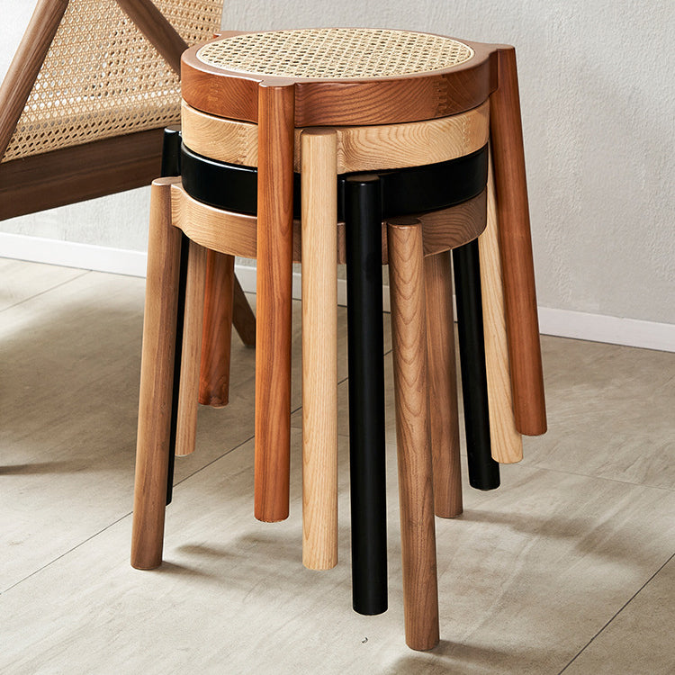 Traditional Japanese Round Rattan Weaving Ash Wood Frame Stackable Low Stool For Living Room