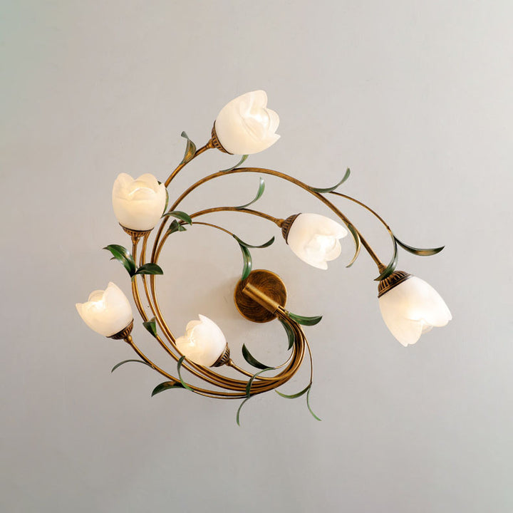Traditionelle französische Blumen-Deckenleuchte aus Eisenglas mit 6 Lichtern für das Wohnzimmer 