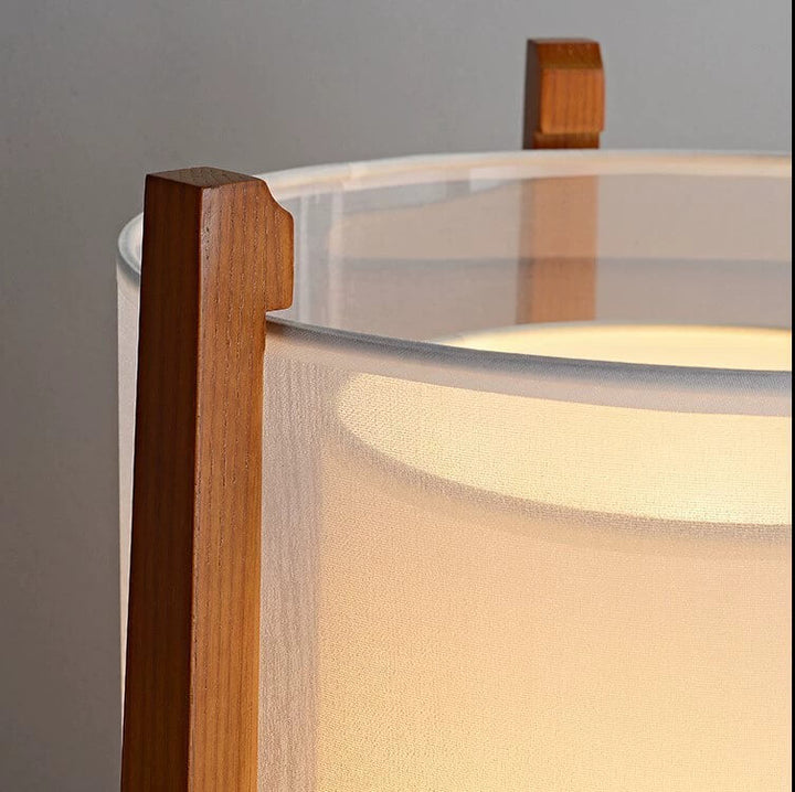 Traditional Japanese Solid Wood Brass Fabric Column 1-Light Standing Floor Lamp For Living Room And Bedroom