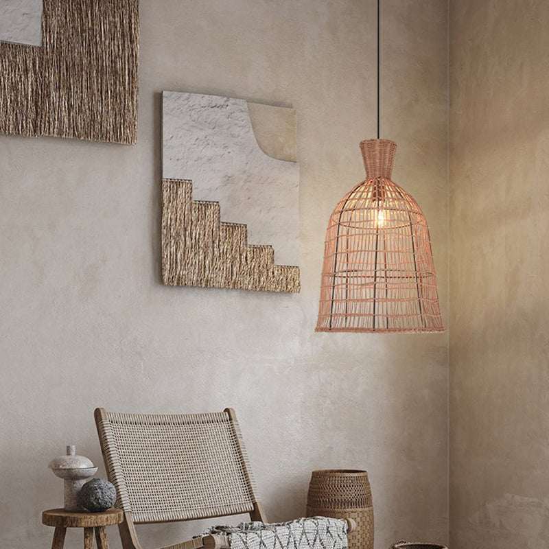 Suspension Luminaire à 1 Lumière avec Abat-Jour en Rotin à Maille Ronde Traditionnelle Japonaise pour Salon 