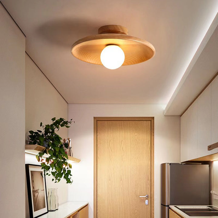 Modern Simplicity Rubberwood Glass Round 1-Light Semi-Flush Mount Ceiling Light For Hallway