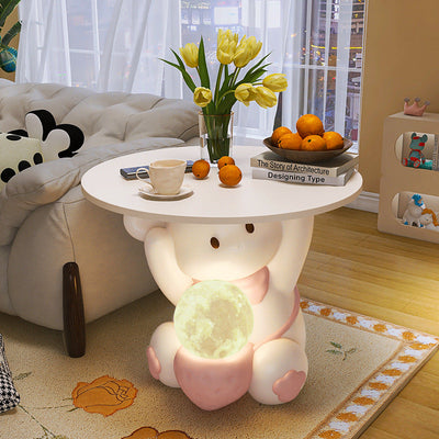 Moderner Art Deco Kinderhasen-Rundteller Rechteckige Schublade Harz Holz Emaille Nachttisch mit 1 Schublade und LED-Licht für das Schlafzimmer 