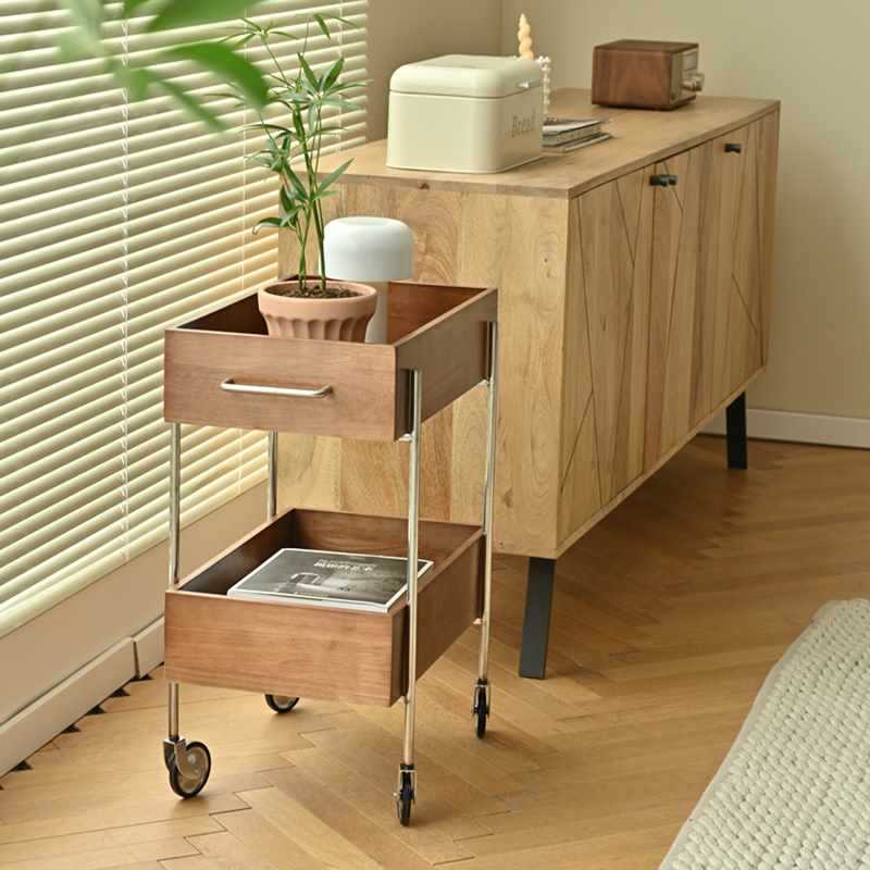 Zeitgenössischer Retro Rechteckiger Holz-Edelstahl-Beistelltisch, 2-stufig, beweglich für das Wohnzimmer 