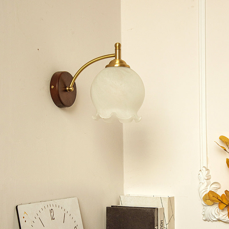 Traditional French Ceramic Glass Flower Shade Solid Wood Base 1-Light Wall Sconce For Living Room