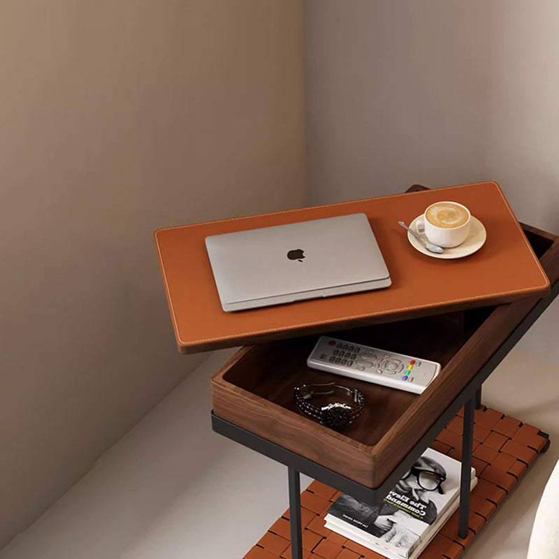 Moderner minimalistischer abnehmbarer rechteckiger Eisensattel Leder Massivholz Beistelltisch mit 1 Ablage für das Wohnzimmer 