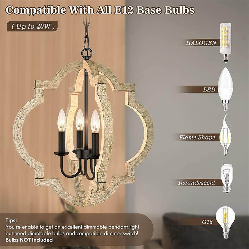 Industrial Creative Four-Sided Ring Candle Holder Iron Solid Wood 4-Light Pendant Light