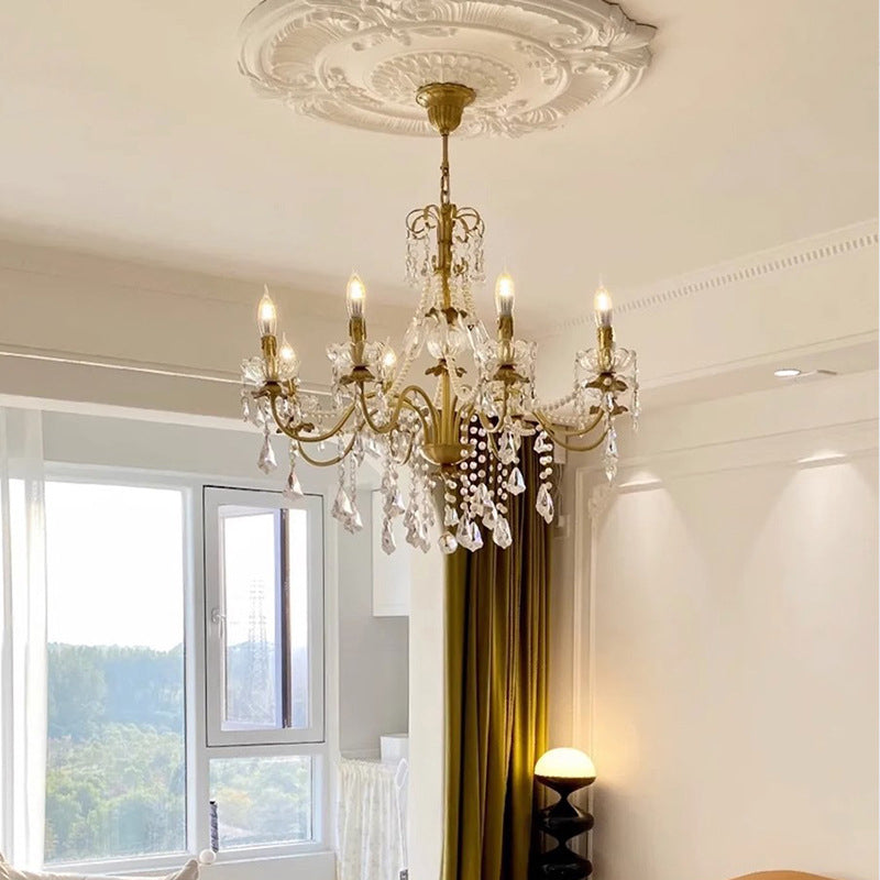Candelabro de Flores de Hierro y Cristal Francés Tradicional de 3/6/8 Luces para Sala de Estar 