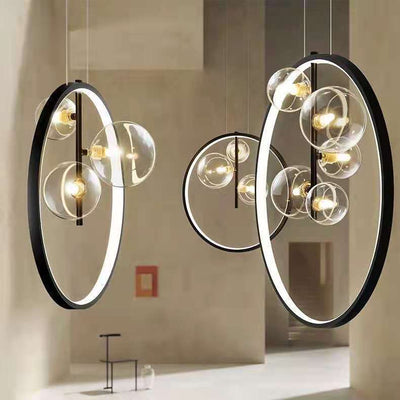 Lustre Suspendu Moderne Minimaliste Cercle Orbe Fer Verre 1/3/5 Lumière Pour Salon 