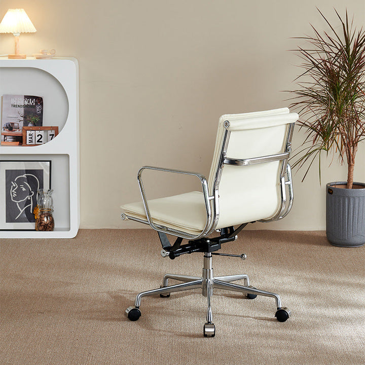 Chaise de bureau en aluminium avec dossier et accoudoirs en cuir artificiel carré rétro contemporain pour maison et bureau 