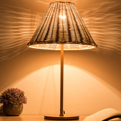 Contemporary Boho Round Trapezoidal Cylinder Base Rattan Metal 1-Light Table Lamp For Bedroom
