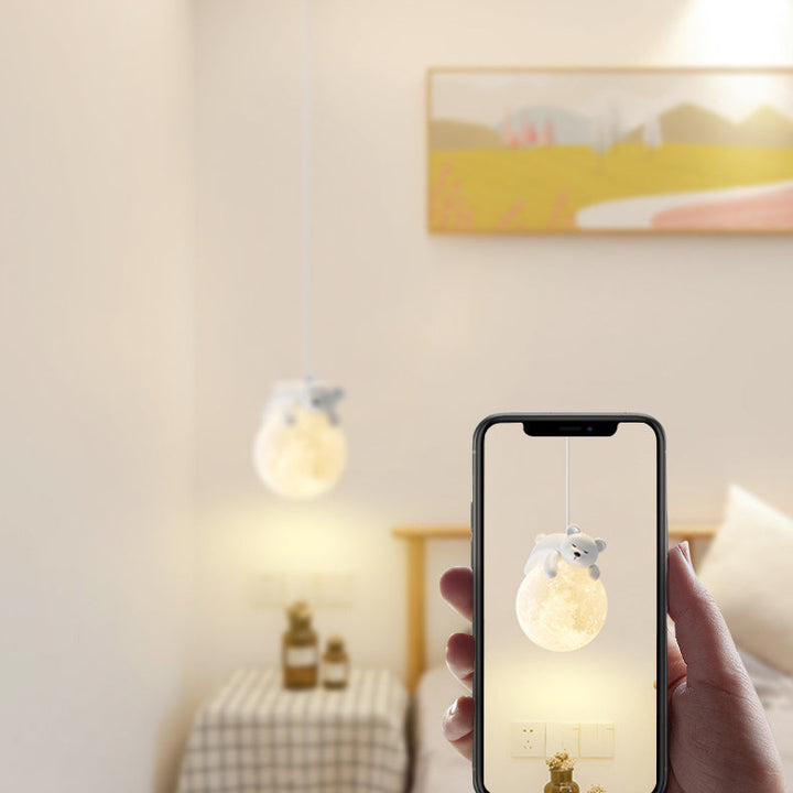 Lámpara colgante contemporánea creativa de resina con forma de conejo y luna de 1 luz para niños, para sala de estar 