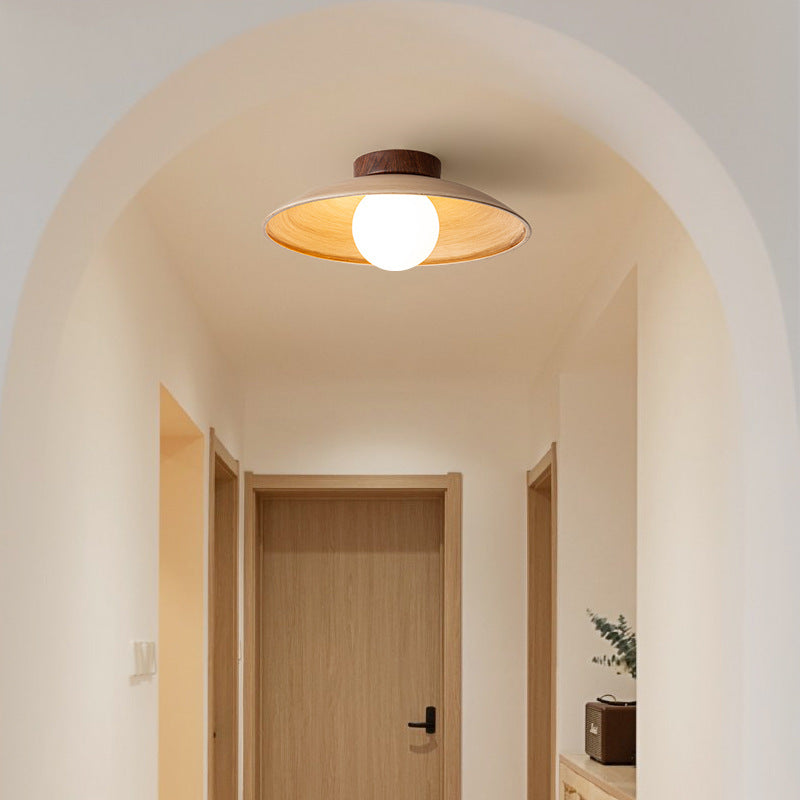 Traditional Japanese Woodgrain Disc Glass Shade 1-Light Semi-Flush Mount Ceiling Light For Hallway