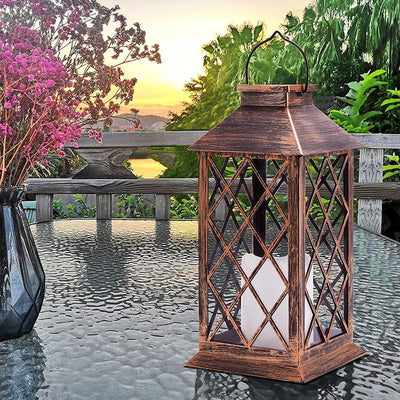 Traditional Vintage Solar Quadrangle Palace Light Iron Glass LED Outdoor Light For Garden