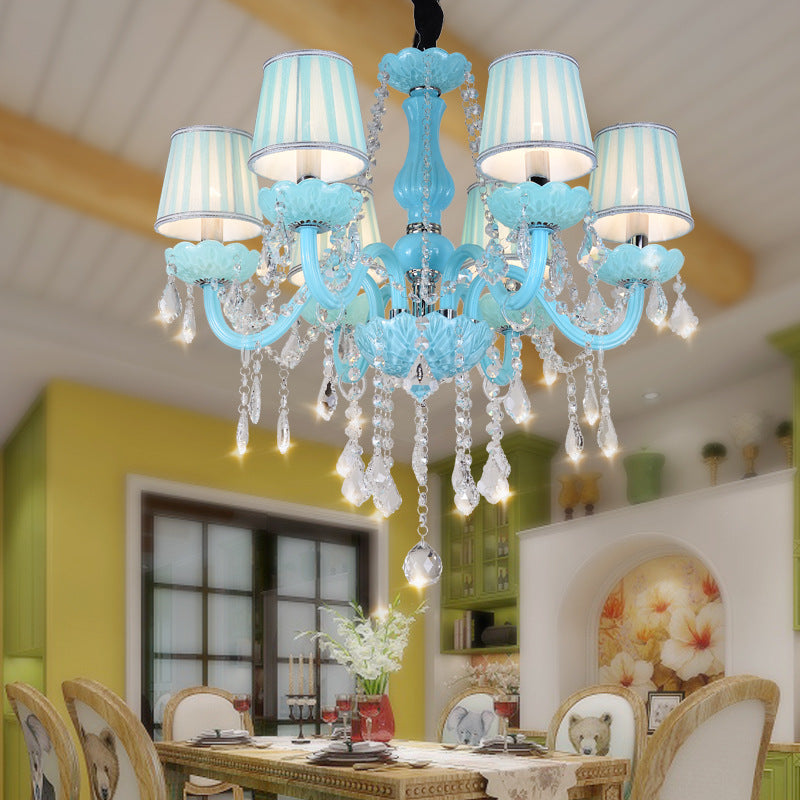 Contemporary Coastal Round Candle Holder Hardware Crystal Glass Fabric 6/8 Light Chandelier For Living Room