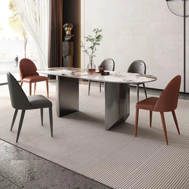 Contemporary Nordic Rectangular Arched Striped Cat Scratch Leather Carbon Steel Dining Chair Backrest Armless For Dining Room