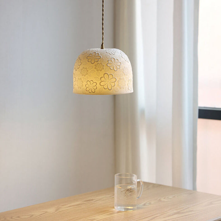 Contemporary Nordic Flower Pattern Ceramic Iron Brass Round Drum 1-Light Pendant Light