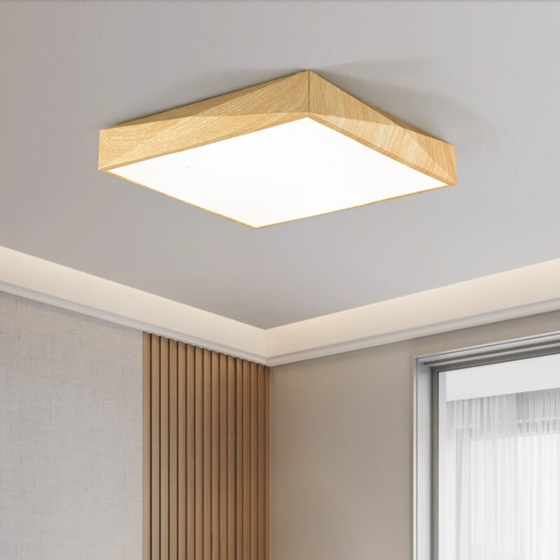 Modern Minimalist Wood Grain Iron Acrylic Square Geometry LED Flush Mount Ceiling Light for Living Room