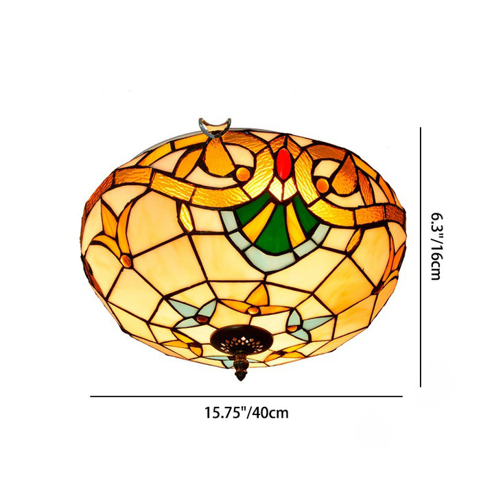 Plafonnier à trois lumières en verre teinté à rayures florales demi-orbe traditionnel Tiffany pour salon 