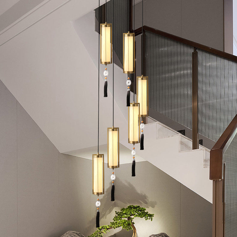 Traditional Chinese Copper Glass Cylinder Elliptical Hollow 1/3/6 Light Chandelier For Entryway