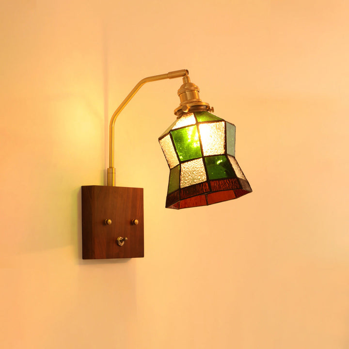 Zeitgenössische Retro Quadrat Kegel Alle Kupfer Holz Glas 1-Licht Wand Leuchte Lampe Für Wohnzimmer 