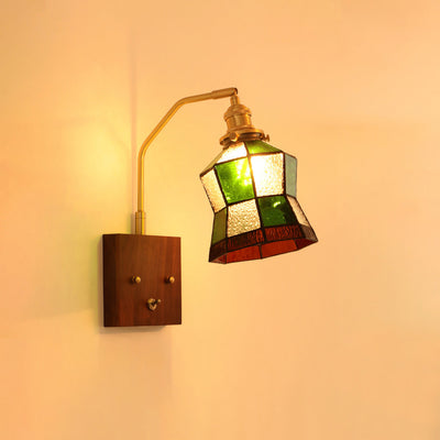 Applique murale contemporaine rétro à cône carré en cuivre, bois et verre avec 1 lumière pour salon 
