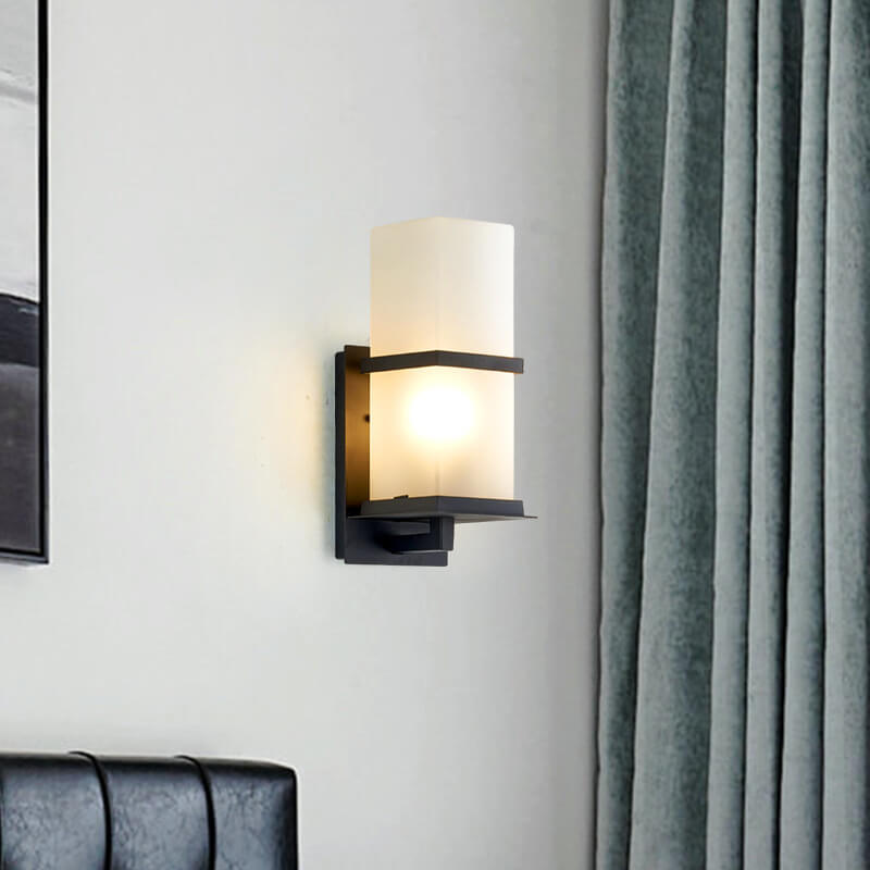 Applique murale 1 lumière avec abat-jour en verre dépoli étanche pour extérieur industriel 