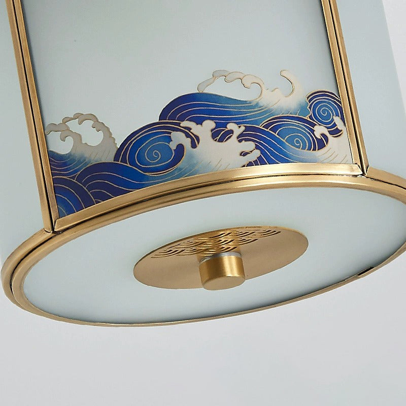 Traditionelle chinesische Malerei Zylinder Kupfer Löten 1-Licht Semi-Flush Mount Deckenleuchte für Schlafzimmer 