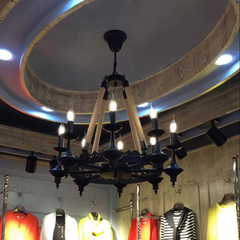 Traditioneller Vintage-Kandelaber aus Eisen, Hanfseil, 3/6/8 Lichter, Kronleuchter für Wohnzimmer 