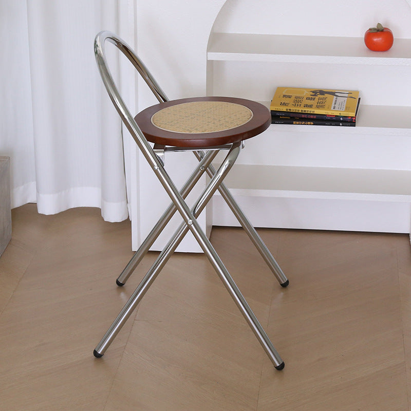 Silla de comedor plegable con respaldo de madera maciza redonda vintage tradicional, ratán sintético y tejido de acero inoxidable para comedor 