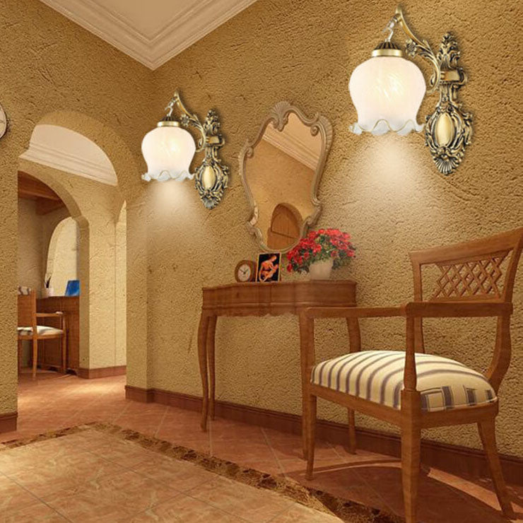 Aplique de pared de lujo ligero europeo de cobre completo con pantalla de flores 1/2 luces 