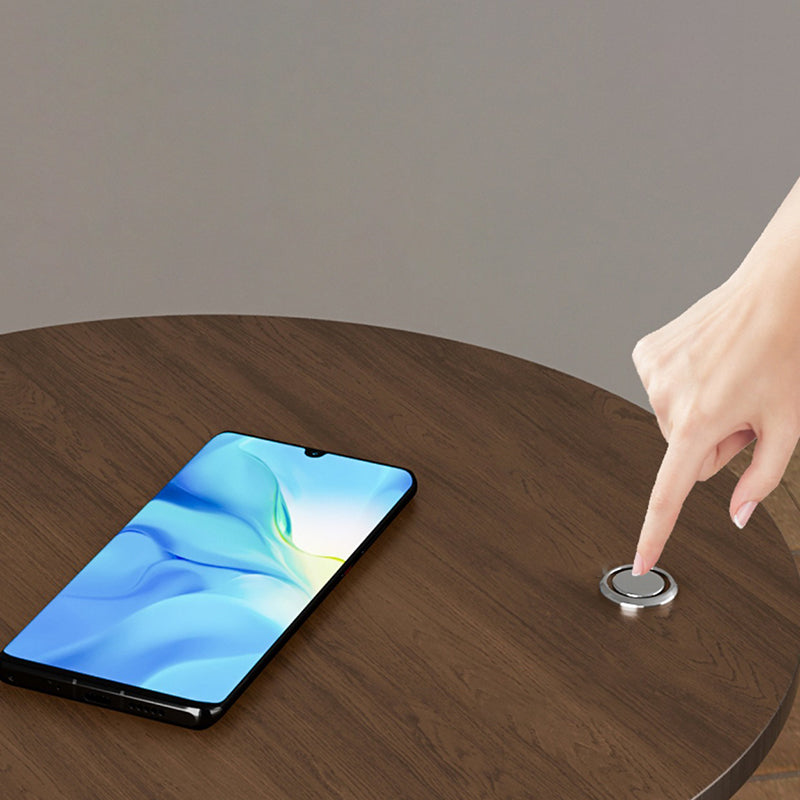 Table de chevet contemporaine nordique ronde en noyer et marbre avec fer, charge sans fil pour téléphone mobile, 2 niveaux pour le chevet 
