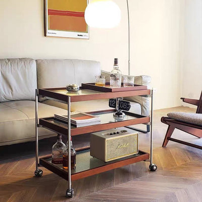 Table d'appoint carrée minimaliste moderne en acier inoxydable, verre et bois avec roulettes triple pour salon 