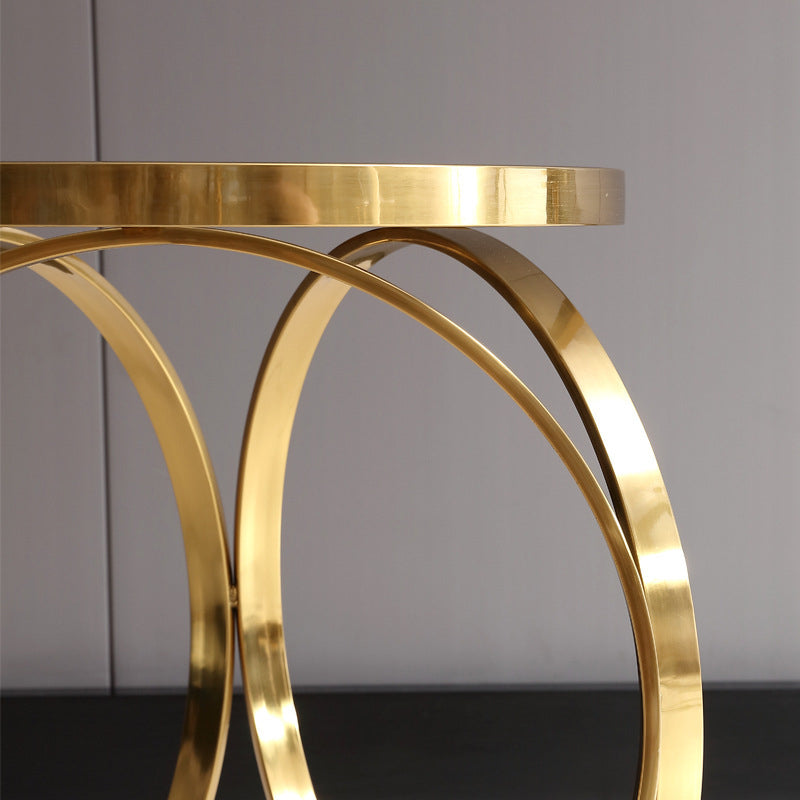 Table basse moderne de luxe en marbre avec base ronde en titane et acier inoxydable pour salon 