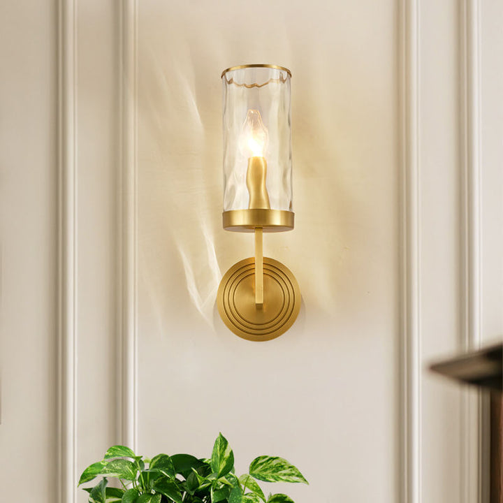 Modern Luxury Textured Glass Cylinder Round Brass 1-Light Wall Sconce Lamp for Living Room