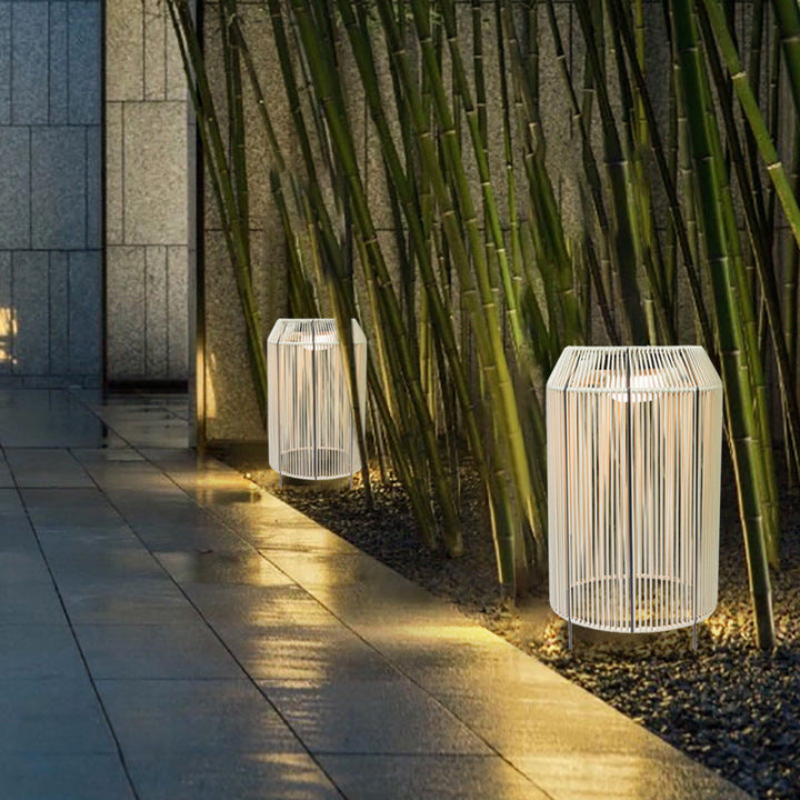 Lampe de sol LED cylindrique en rotin PE étanche à l&