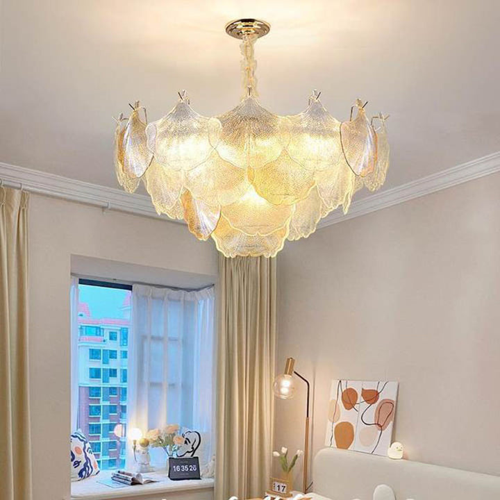 Lámpara de araña de hierro y vidrio con hojas de Ginkgo tradicional francesa de 6/9 luces para sala de estar 