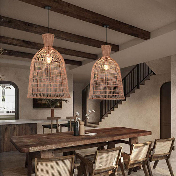 Suspension Luminaire à 1 Lumière avec Abat-Jour en Rotin à Maille Ronde Traditionnelle Japonaise pour Salon 