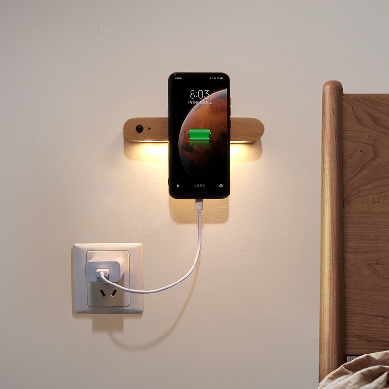 Lampe murale moderne minimaliste à bandes de bois magnétique LED USB avec détecteur de mouvement pour chambre 