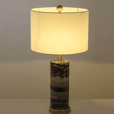 Vintage Simple Fabric Lampshade Marble Cylindrical Base 1-Light Table Lamp