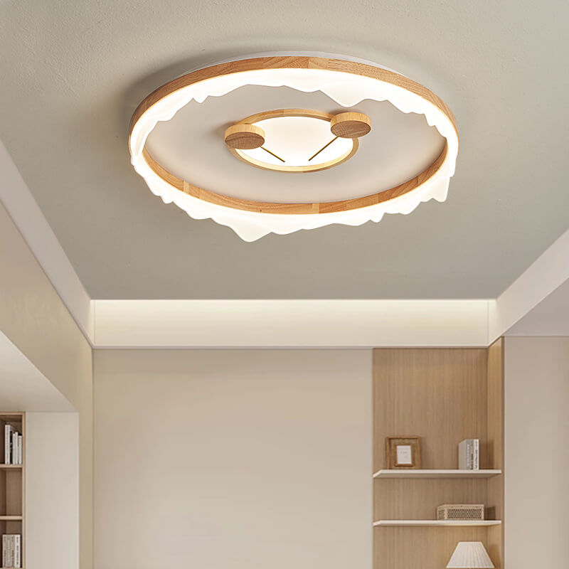 Traditional Japanese Cartoon Round Iron Wood Acrylic LED Flush Mount Ceiling Light For Living Room
