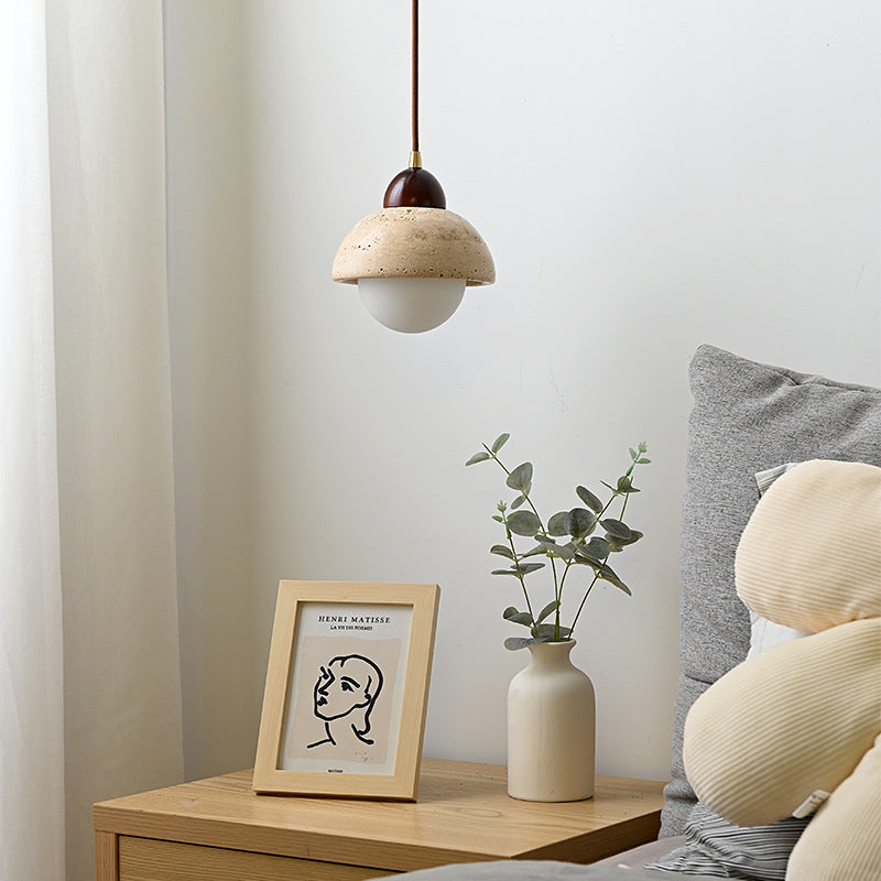 Nordic Modern Minimalist Semi-Circular Plate Yellow Travertine Solid Wood Glass 1-Light Pendant Light