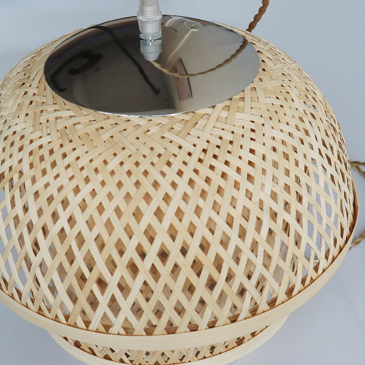 Traditional Chinese Round Bamboo Woven Cylinder 1-Light Pendant Light For Dining Room