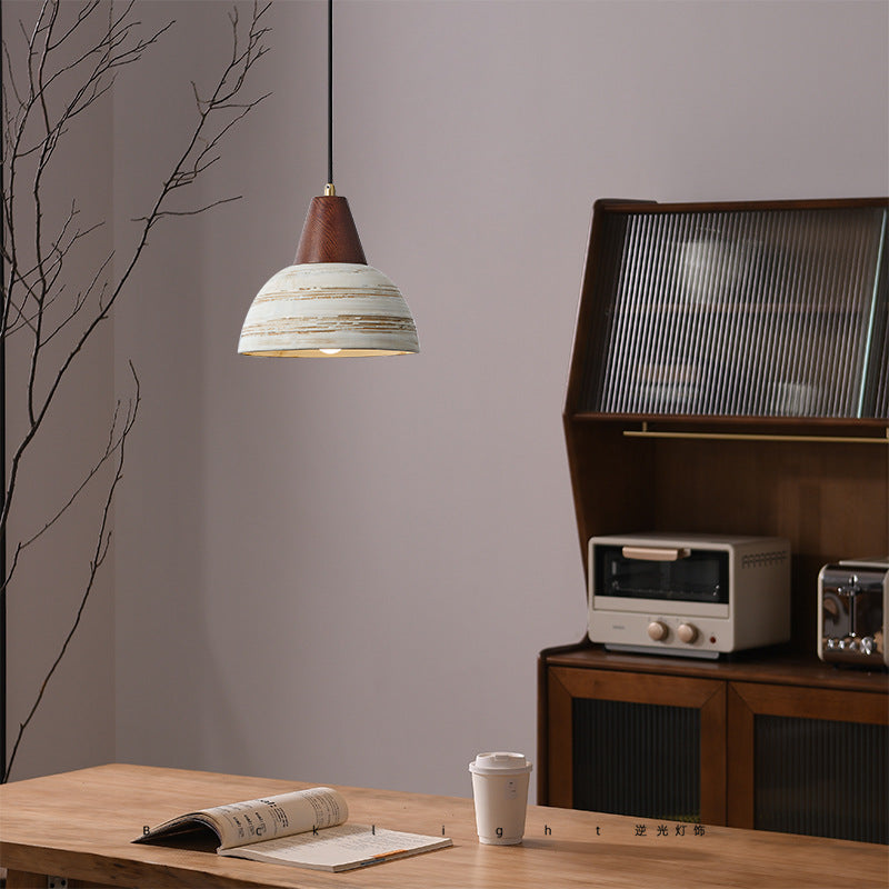 Zeitgenössische Retro-Keramikschale Form Holz 1-Licht Pendelleuchte für Wohnzimmer 