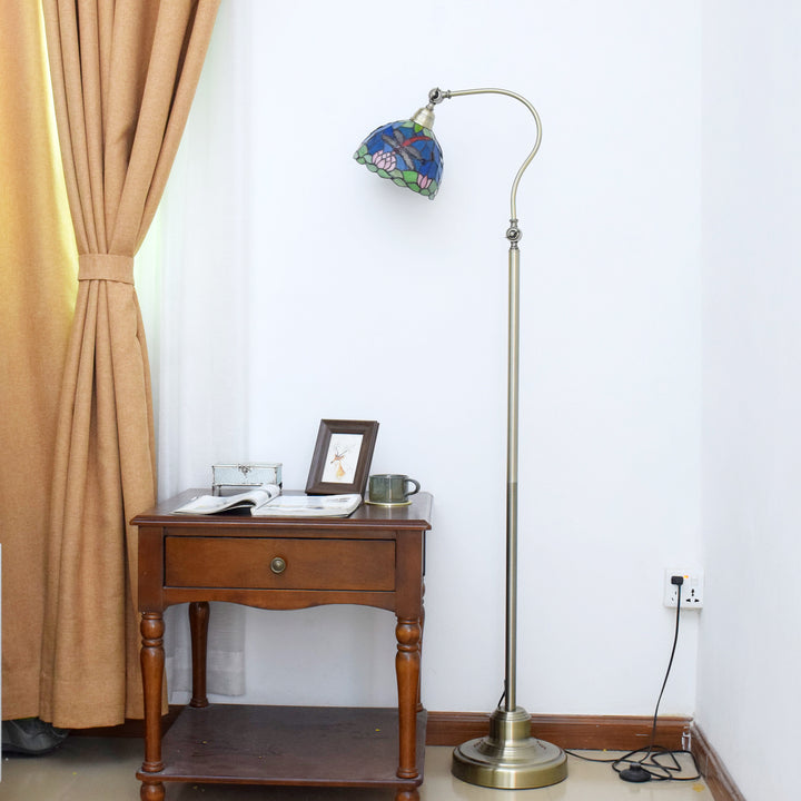 Lampe de sol traditionnelle Tiffany en dôme rond en verre fer avec libellule à 1 lumière pour chevet 